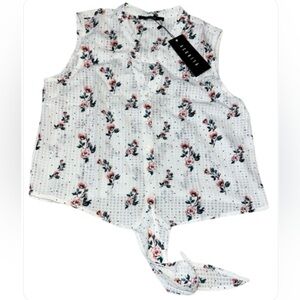 Aconiya White Floral Top Size Medium Button Front Tie V-Neck